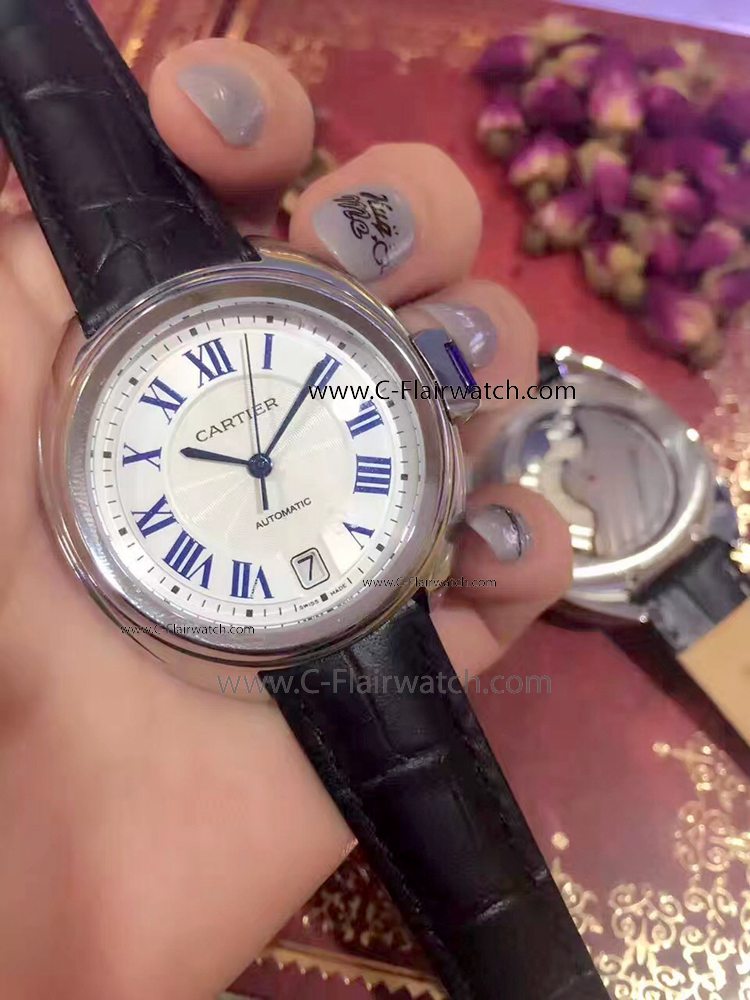 High Quality Cle de Cartier Mens Watch Ss Black Leather Band